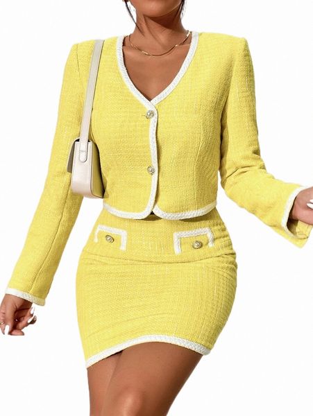

two piece dress contrast binding crop jacket & bodycon skirt h6t8#, White