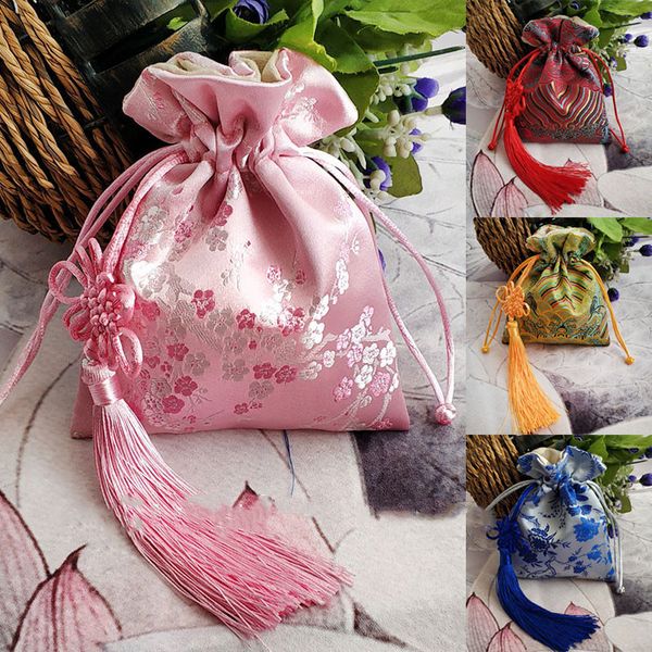 

large thicken chinese knot silk brocade jewelry bag suede lined jewellery storage pouch vintage luxury gift packaging bags 16x20cm, Pink;blue