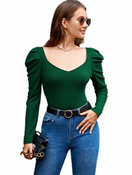 

women's t-shirt sweetheart neck gigot sleeve tee 101j#, White