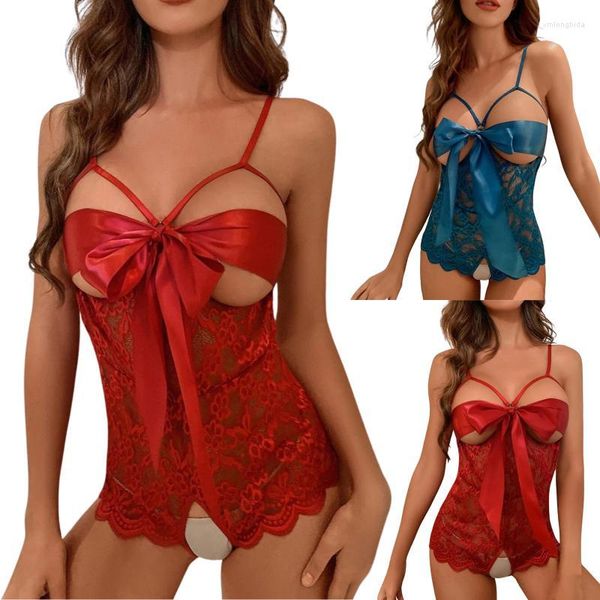 

casual dresses women crotchless lingerie cutout floral lace bow bodysuit with adjustable spaghetti strap, Black;gray