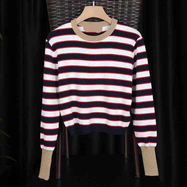 

women's knits tees va early autumn style special personality gold silk cuffs stripes contrast color round neck knit celebrities slim do, White