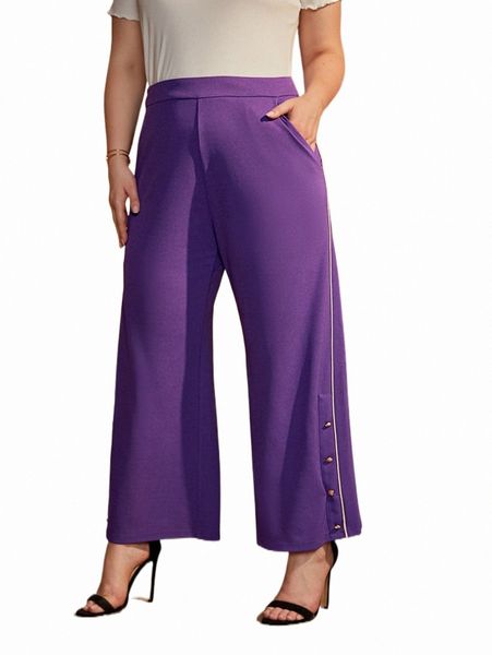 

plus size pants plus button side slant pocket wide leg pants c9g1#, Black