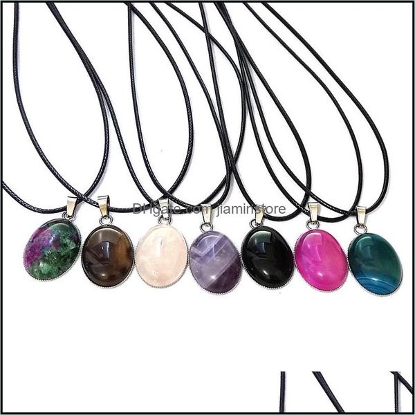 

pendant necklaces oval reiki stones turquoise pink quartz charms pendant leather necklace for women men gift accessories dhseller2010 dhduz, Silver