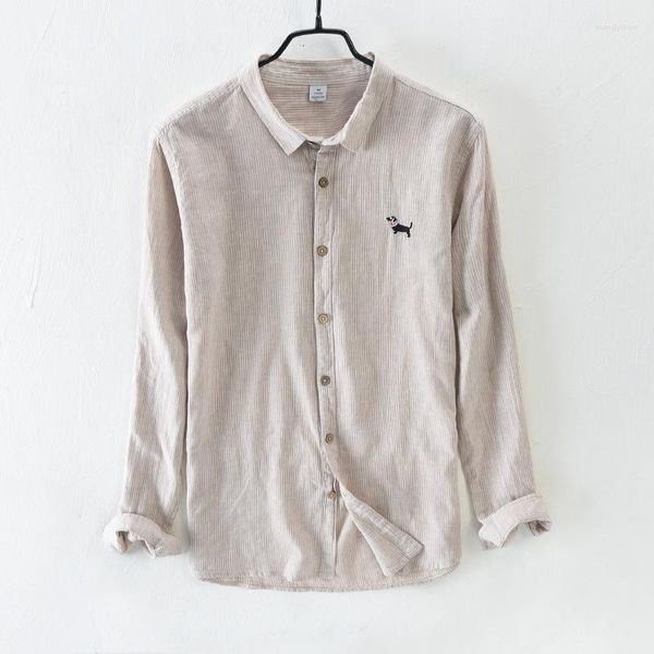 

men's casual shirts 2022 cotton puppy embroidery shirt men long sleeve male stripe, White;black