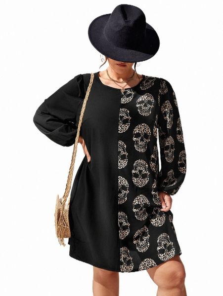 

plus size dresses plus leopard skeleton print lantern sleeve tunic dress 20ww#, Black