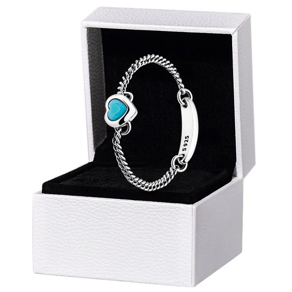 

women girls blue stone chain love heart ring 925 sterling silver party jewelry for pandora girlfriend gift rings with original box set, Slivery;golden