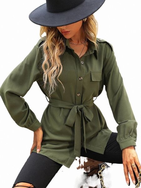 

women's blouses & shirts solid button front belted shirt 449n#, White