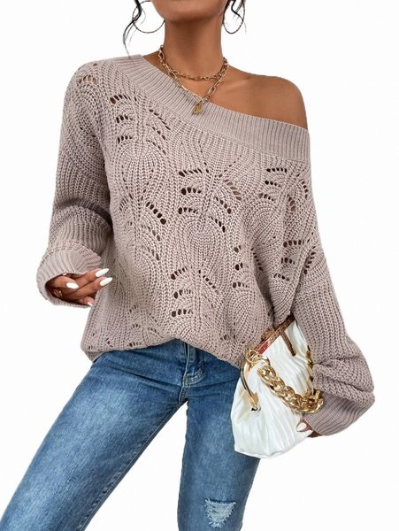 

women's sweaters asymmetrical neck drop shoulder pointelle knit sweater r3ll#, White;black