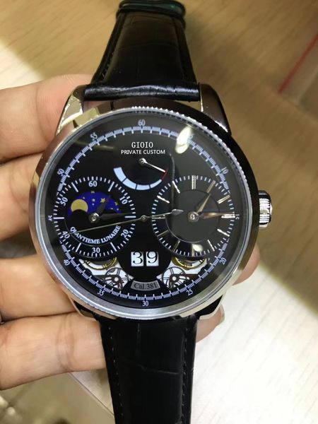 

mens automatic watch mechanical moon phase black brown leather1020412414, Slivery;brown