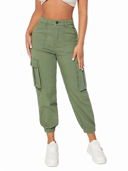 

women's jeans petite high waist flap pocket cargo jeans i6up#, Blue