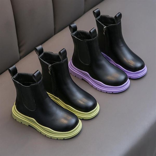 

boots fashion kids girl boy pu leather waterproof clelsea children' autumn winter student casual boot school shoes237k, Black;grey