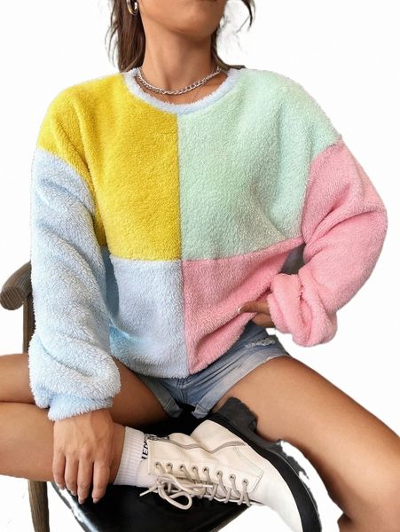 

women's hoodies & sweatshirts color block drop shoulder teddy pullover 58jy#, Black