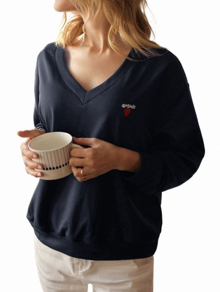 

women's hoodies & sweatshirts frenchy letter & heart embroidery drop shoulder sweatshirt s6mr#, Black