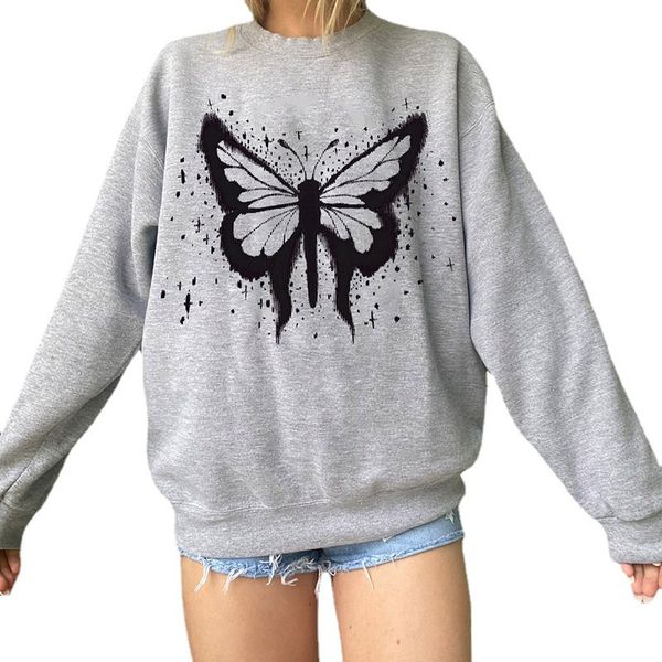

fashion ink butterfly printed hoodies contrast color loose thin casual sweater street women's autumn top, Black