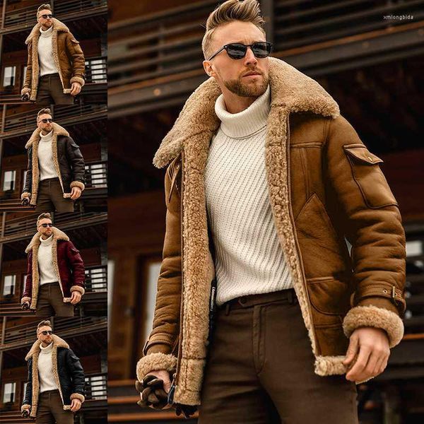 

men's jackets men padded leather jacket fur lapel collar long sleeve faux sheepskin cashmere thicken coat medieval vintagewinter, Black;brown