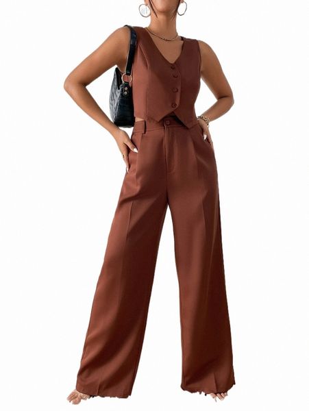 

two piece dress solid crop waistcoat & wide leg suit pants y5j6#, White