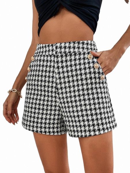 

women's shorts houndstooth print slant pocket shorts n6kx#, White;black