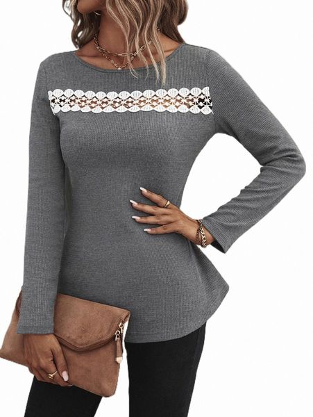 

women's t-shirt contrast guipure lace curved hem tee g9up#, White