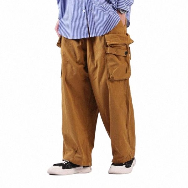 

men's pants men's pants multi-pocket cargo mens safari style wide leg elastic waist solid color loose casual trousers men 5536#, Black