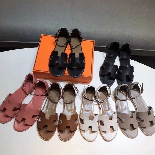 

slipper h leather sandals women's 2022 summer new flat bottomed open toe bag heel sandals flat heel buckle women, Black