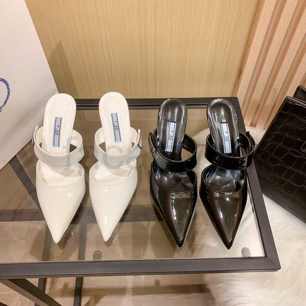 

slippers designer 2022 triangle buckle baotou back empty roman slippers spring and summer pointed high heels women shallow mouth single shoe, Black