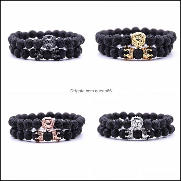 

beaded strands 2 pcs/set animal king lion head lava stone bracelet black natural crown couple braclet sets for men hand dhseller2010 dhwyb