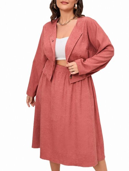 

plus size dresses plus solid single breasted jacket & skirt j0ke#, Black