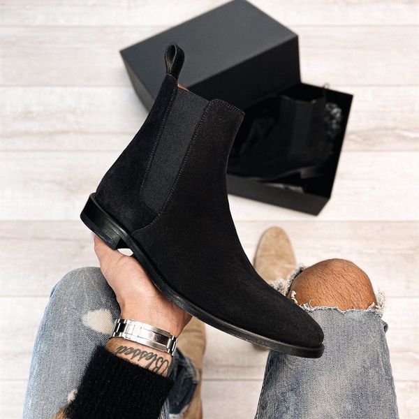 

Men Chelsea Boots Black Flock Business Handmade Men Shoes Ankle Slip on Fashion Comfortable, Clear