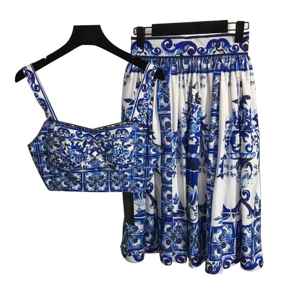 

designers piece pants leisure suit fashion blue white porcelain print cool strapless high waist pleated half skirt sml joker t-shirt tide br