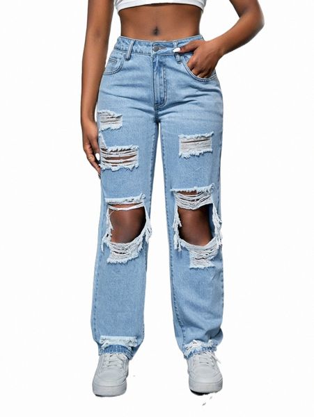

women's jeans sxy ripped cut out straight leg jeans g3np#, Blue