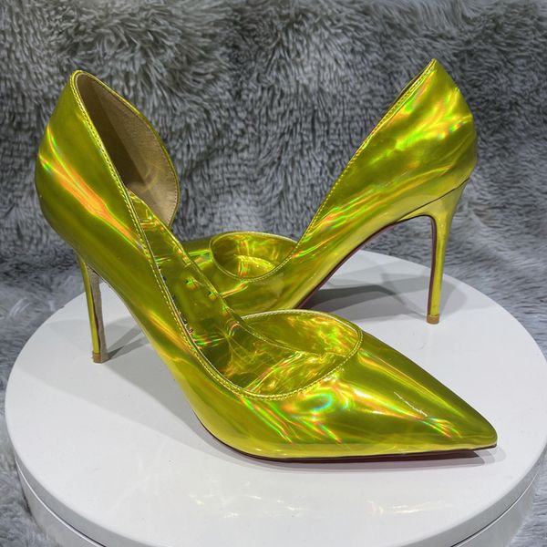 

laser all gold shoes fashion colorful women red bottoms sparkle shiny pointed toes high heel shoes for party d'orsay side cut stiletto, Black