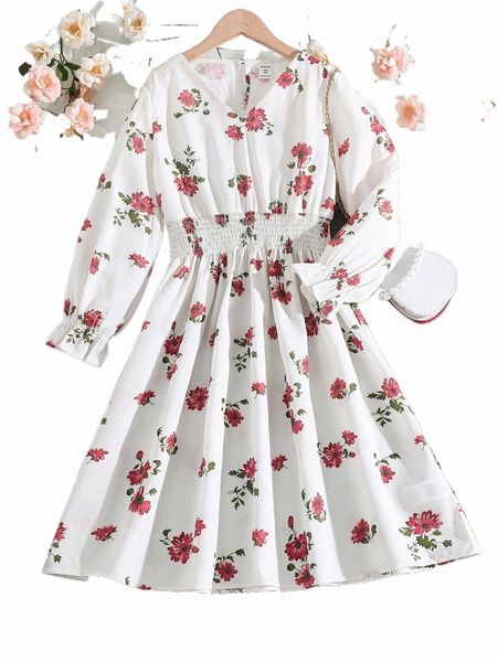 

others apparel girls floral print shirred waist flounce sleeve dress 254h#, Black;white