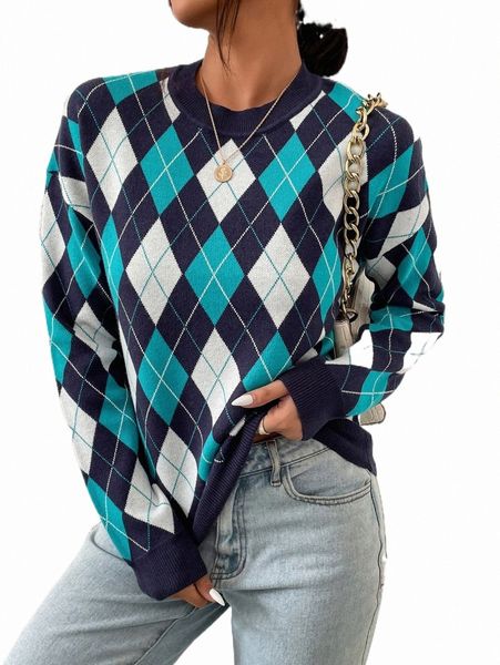 

women's sweaters argyle pattern drop shoulder sweater y9sv#, White;black