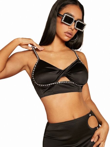 

women's tanks & camis rhinestone detail cutout front cami m1ae#, White