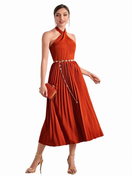 

casual dresses solid pleated halter dress without belt v93z#, Black;gray