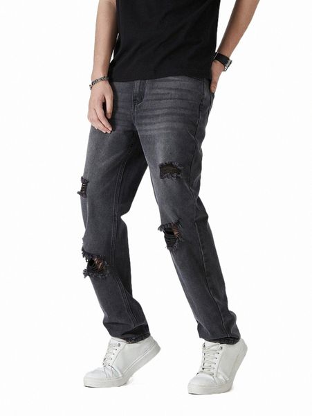 

men's jeans men ripped frayed straight leg jeans 60kl#, Blue