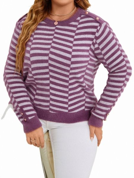 

plus size t-shirt plus striped pattern button detail sweater n0vf#, Black