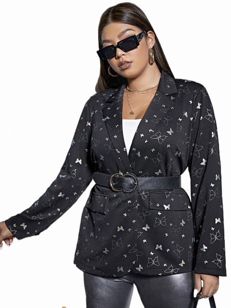 

plus size outerwear & coats plus butterfly print blazer without belt 67ej#, Black