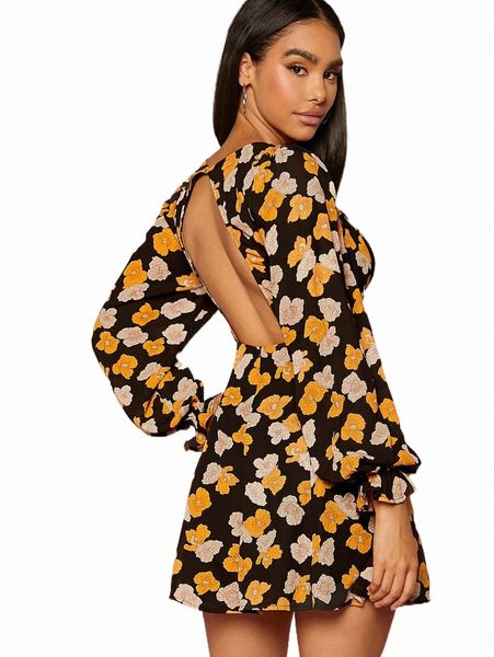 

casual dresses floral print open back ruffle trim peekaboo dress p3xz#, Black;gray