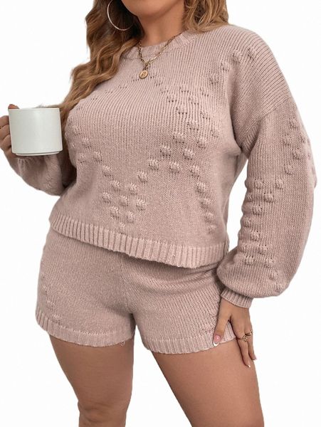 

plus size t-shirt plus drop shoulder sweater & knit shorts l683#, Black