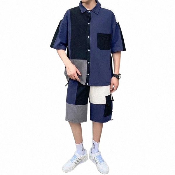 

men's thermal underwear men's thermal underwear set clothing shirt shorts suit patchwork pocket korean style summer oversize casua, Black;white