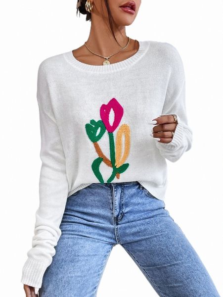

women's sweaters floral pattern drop shoulder sweater w9wg#, White;black