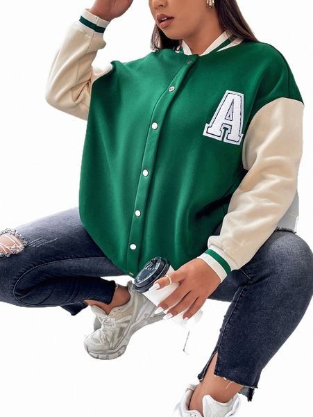 

plus size outerwear & coats plus letter patched colorblock drop shoulder bomber jacket 49kg#, Black