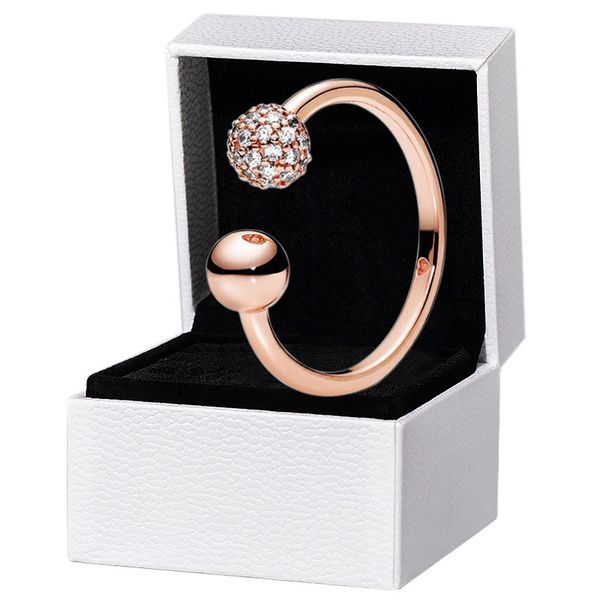 

polished pave bead open ring 925 sterling silver women's wedding designer jewelry for pandora rose gold rings set with original box, Slivery;golden