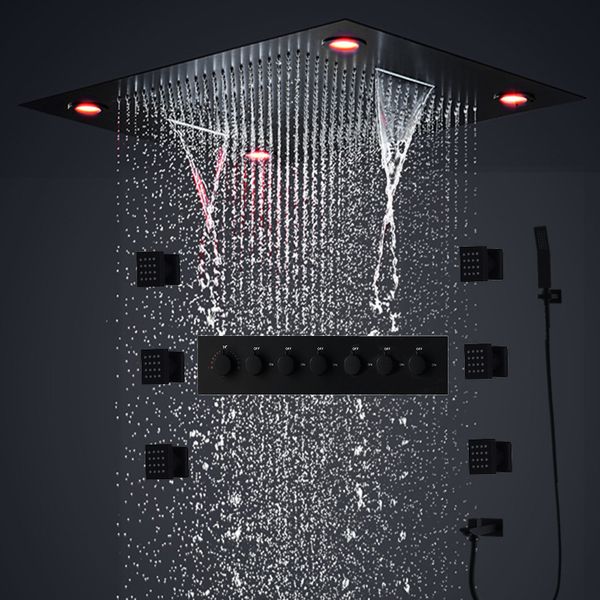 

2022 luxury bathroom black shower set large ceilling led showerhead panel 24inch waterfall rain spray faucets with body jets system