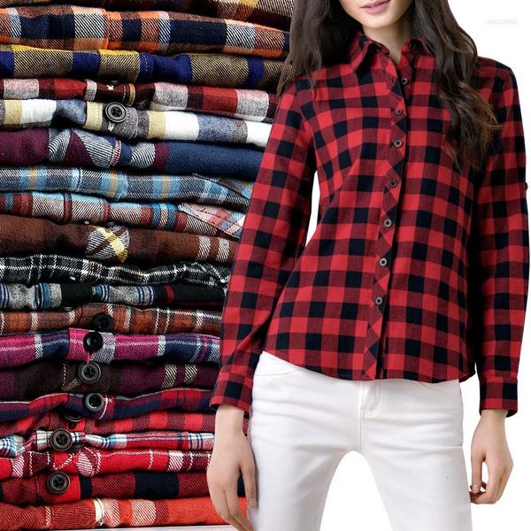 

women's blouses 2022 women's shirts cotton flannel long sleeve plaid shirt female college style basic clothes, White