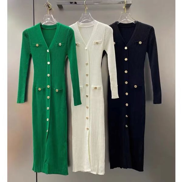 

22 designer women's casual dresses v-neck long skirt hip wrap long sleeve knit dress fashion trend versatile fit button woman wear autu, Black;gray