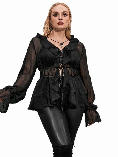 

plus size t-shirt plus ruffle trim sheer blouse without bra p5ly#, Black