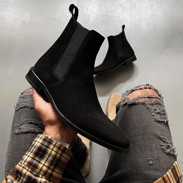 

Men Chelsea Boots Black Flock Business Handmade Ankle Slip on Comfortable Fashion