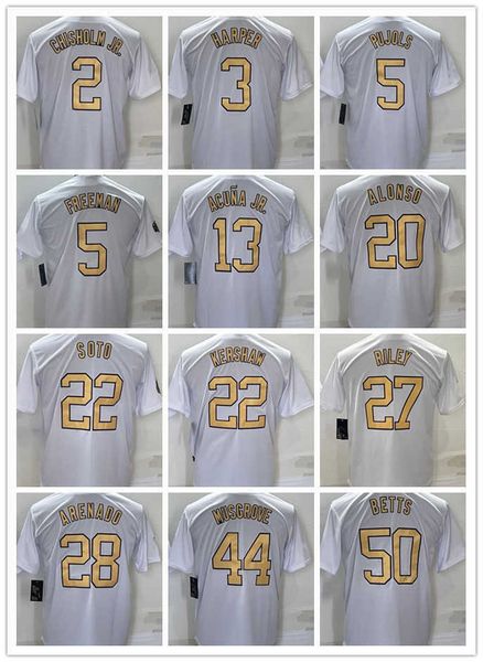 

2022 all star baseball betts 50 arenado 28 alonso 20 harper 3 pujols 5 chisholm jr. 2 an 5 acuna jr. 13 soto 22 kershaw riely 27, Blue;black